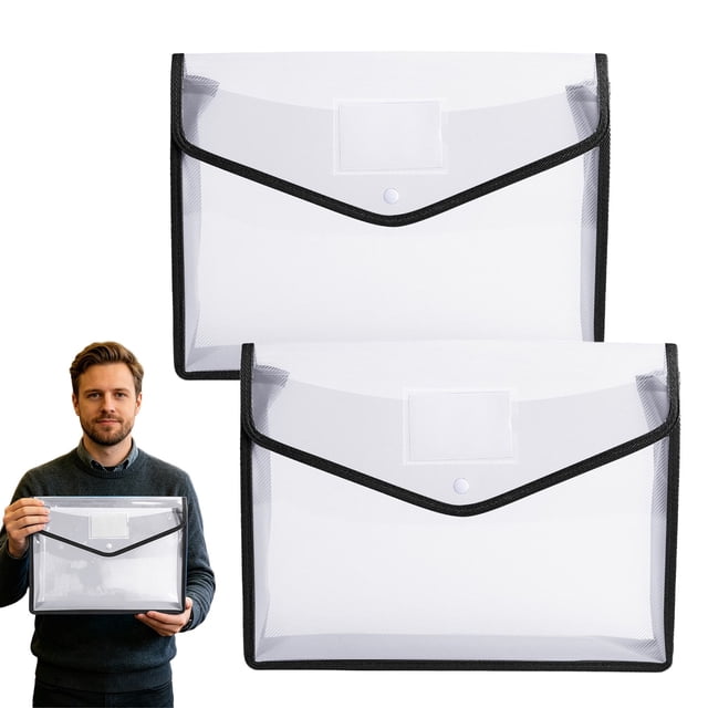 2PCS Documents Holder Envelope Folder, File Storage Bag with Button Transparent Plastic, Certificate File Holder Document Folder, White