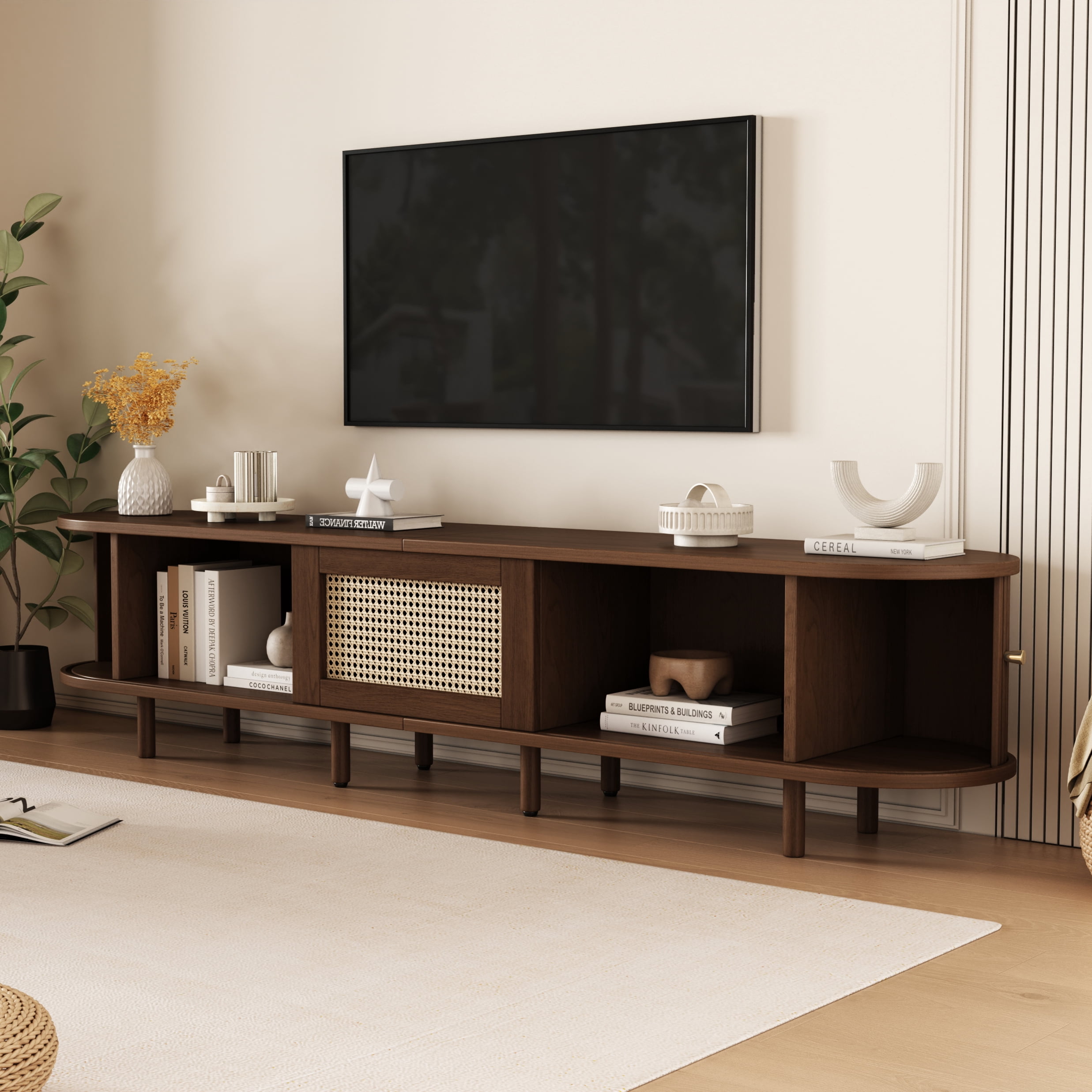 Noble House 64.8" TV Stand,Oval Rounded Corners Media Console for 65" TV,Dark Oak