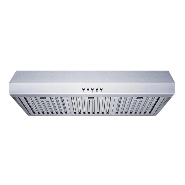 Roxon 860 CFM 30 Inches Under Cabinet Range Hood Kitchen Exhaust Fan Stainless Steel RXN-U14BSB-30. Designed for efficient kitchen odour removal and grease extraction, it features mechanical button controls, three fan speeds, LED lights, and dishwasher-safe filters.