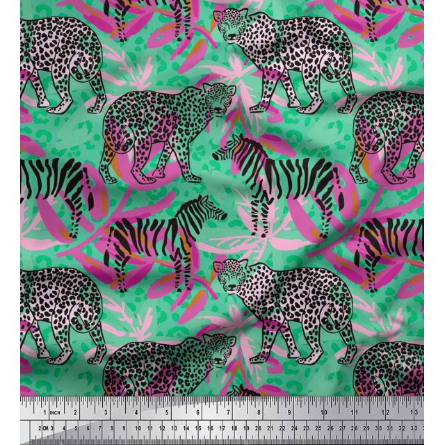 Soimoi Green polyester Crepe Fabric Leopard Skin,Leopard & Wild Animal Fabric Prints by Yard 52 Inch Wide
