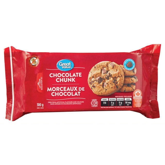 Great Value Chocolate Chunk Cookies package in red showing large semi-sweet chocolate chunks on cookies, bilingual English and French text, 300g weight, made in Canada, free from artificial flavours and colours, ideal as a chocolate chip snack.
