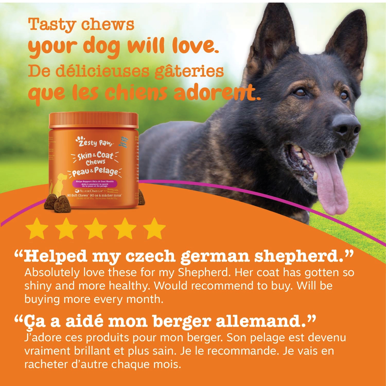 Zesty Paws Skin & Coat Chews Chicken Flavour Daily Soft Chews Dog Supplement, 90 count