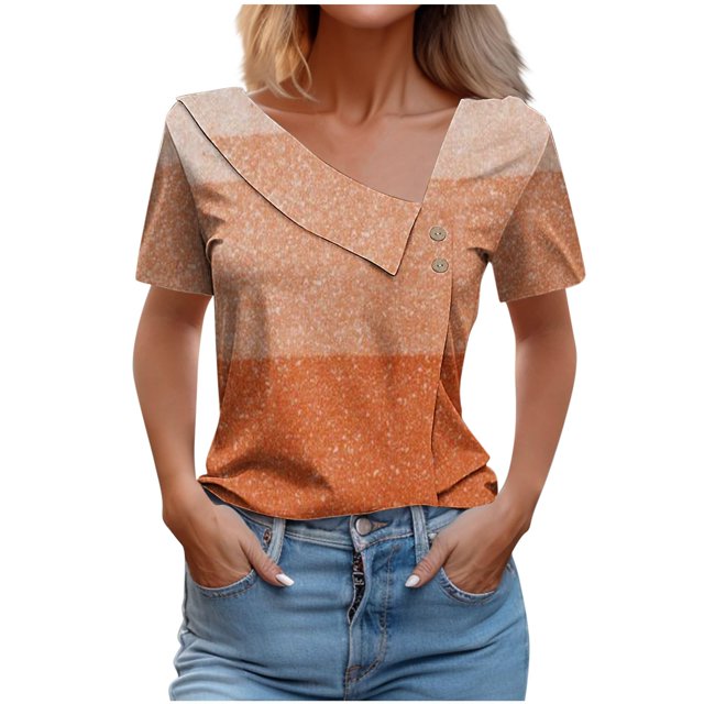 FAIWAD Women Summer Tops Short Sleeve Irregular V Neck Button T-Shirts Geometric Color Block Print Tees Blouses
