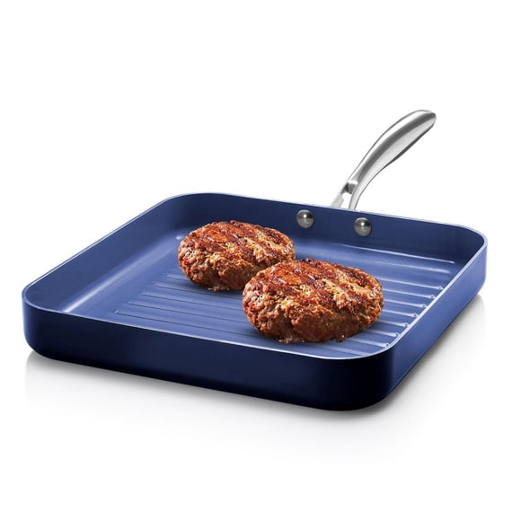 Granitestone Bleu Lèchefrite antiadhésive de 10,5 po, infusée de diamants, crêtes de cuisson pour ustensiles en métal pour le drainage de la graisse, poignée en acier inoxydable Stay Cool Va au four e