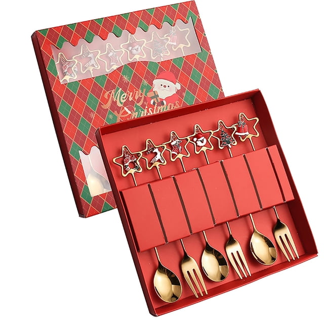 Oleegame 1PC Stainless Steel Cutlery Set Christmas Tableware Set Stainless Steel Spoon Gift Set Dessert Spoon Fork Coffee Spoon Christmas Pendant Spoon Tableware Set Gift