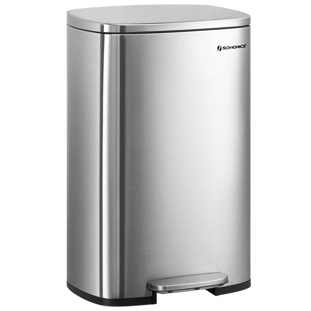 Songmics stainless steel rectangular trash can with step-on pedal and brushed silver finish, featuring a black base, suitable for kitchen waste disposal, front 3/4 view on white background.