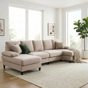 Puremind 114" W U Shaped Sectional Sofa, 4 Seater Sofa with Double Chaise, Linen Upholstered Sleeper Couch for Living Room/Home/Office, Beige