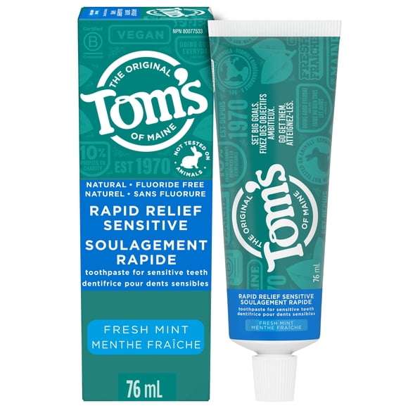 Tom’s of Maine Rapid Relief Sensitive Toothpaste, Fluoride Free, Mint, 76mL