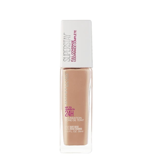 Maybelline New York Super Stay® Full Coverage Foundation, 30 ml in shade 130 Buff Beige, in a clear rectangular glass bottle with a white cap featuring silver and magenta text, offering up to 24-hour wear and full coverage for a flawless makeup finish.