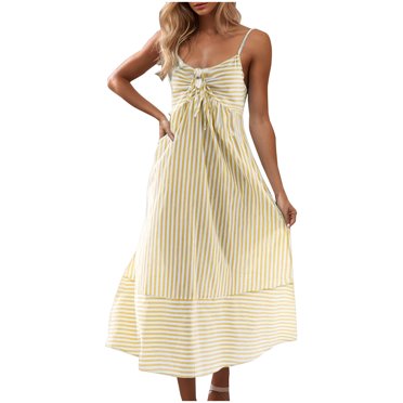 hotojiny Vêtements de Vacances à la Plage pour Femmes Été Robes Midi à Rayures à Bretelles Spaghetti Décontractées à Nouer à Étages Évasées Boho Robe d'Été
