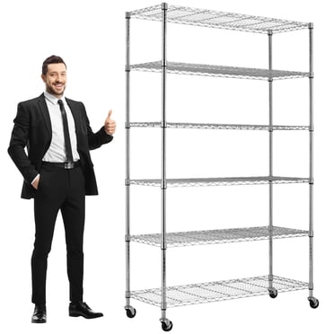 Unité d'Étagères Grillagées à 6 Niveaux Capacité de 2100 Lb Étagères de Rangement Ajustables Étagère de Rangement Robuste avec Roulettes Étagère Métallique Homologuée NSF pour Garde-Robe Cuisine Garage sous-Sol, 48 Pouces L x 18 Pouces L x 82 Pouces H, Argent