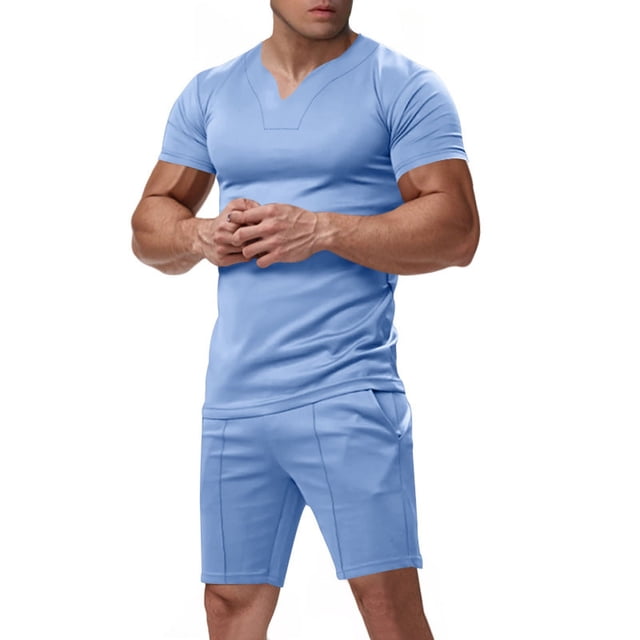 NTACZA Men's Shorts Set Short Sleeve Athletic Tracksuits Men's Crew Neck Muscle Sweatsuits L