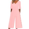 thumbnail image 1 of Yuyuzo Womens Wide Leg Jumpsuits Short Sleeve V Neck Casual Loose Comfy Button Split Rompers with Pockets, 1 of 6