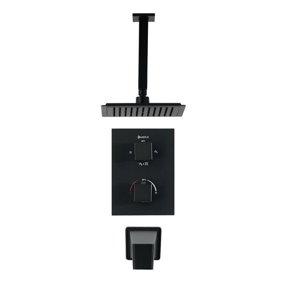 Square 3-functions thermostatic valve, shower heads, bath spout or simultaneously, Matte black finish