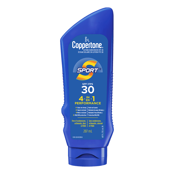 Coppertone Sport Sunscreen Lotion SPF 30, 4-in-1 Performance, Sweat and Water-Resistant Face and Body Sunscreen, 207 ml