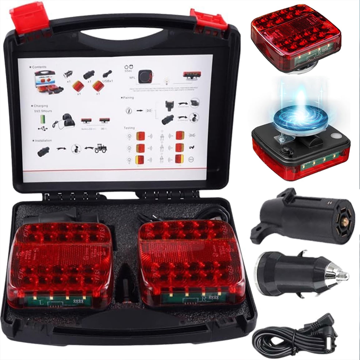 Wireless Trailer Lights Magnetic,Wireless Trailer Lights,2025 New Led Wireless Tail Lights for Trailer,Rechargeable Towing Light Kit with Powerful Suction Base for Trucks,Boat,RV,Vehicle