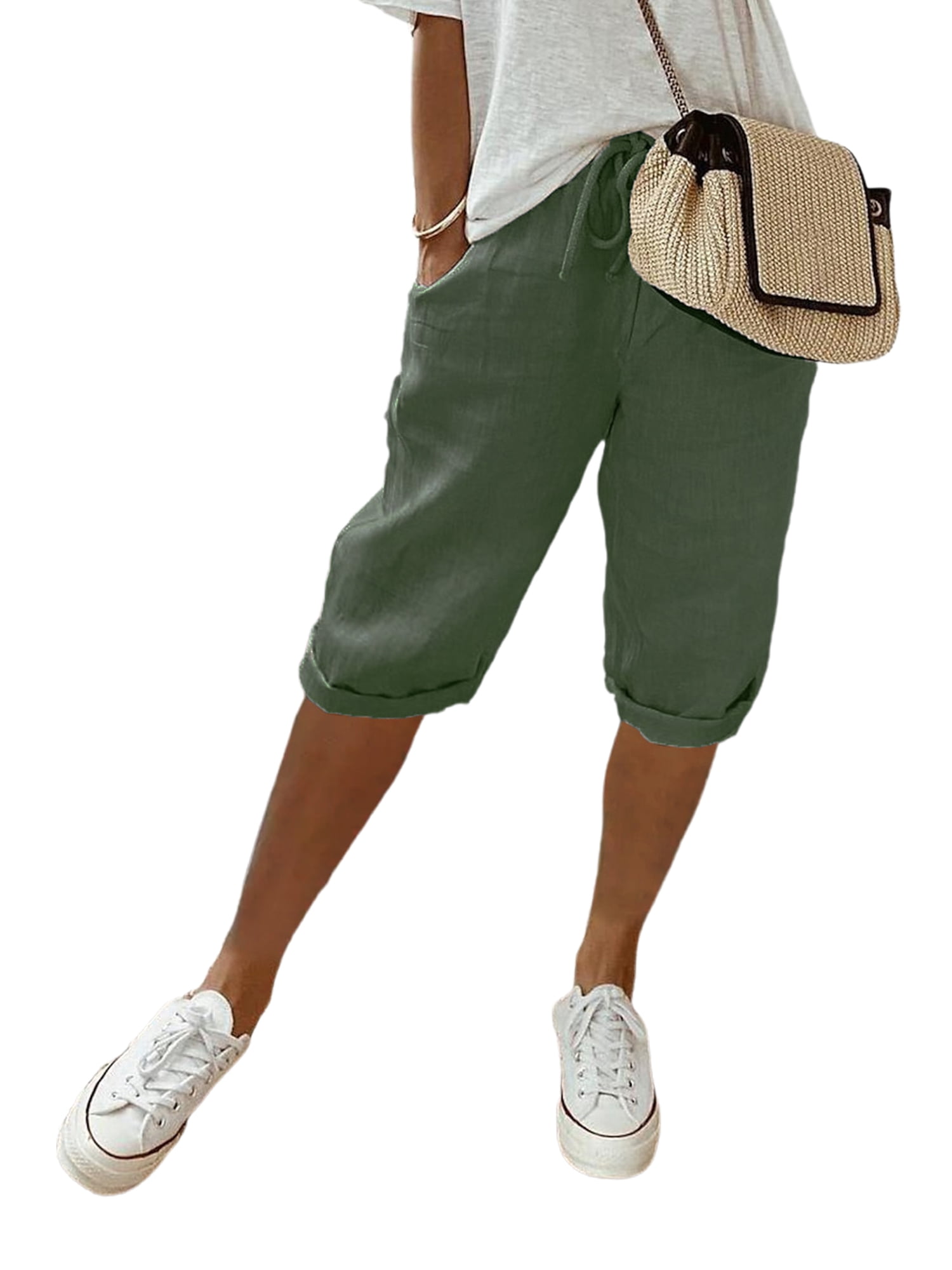 MAWCLOS Women Bermuda Shorts Elastic Waist Bottoms Drawstring Knee Length Short Pants Loose Beach Solid Color Army Green XS