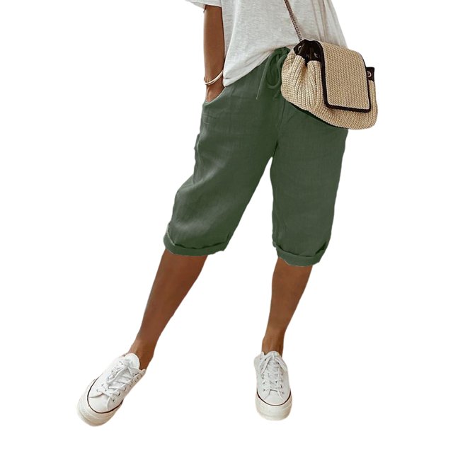 MAWCLOS Women's Bermuda Shorts with Drawstring Elastic Waist, Knee Length, Solid Color, Army Green, M