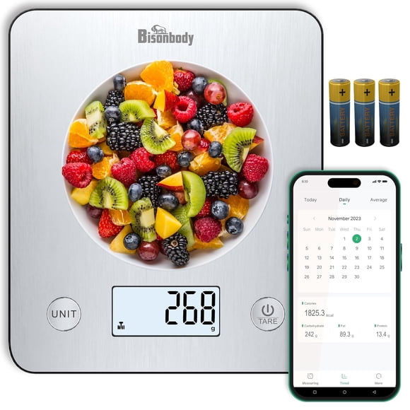 Bisonbody Balance de Cuisine Numérique avec Application Intelligente – Grande Balance de Cuisine avec Surface en Acier Inoxydable 201, Conversions de 5 Unités – Application de Balance de Cuisine Numérique pour Suivre les Informations Nutritionnelles