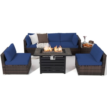 Gymax 7PCS Patio Rattan Furniture Set 42'' Fire Pit Table w/ Cover Cushioned Navy