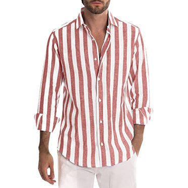 Hontri Men Shirts Fashion Deals under $15, Mens Fashion Casual Striped Linen Buckle Lapel Long Sleeve Shirt Top Red 3Xl