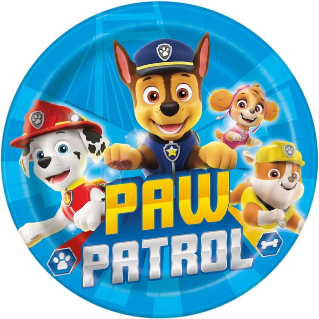 Paw Patrol Round 9" Dinner Plates, 8ct featuring a blue background with Paw Patrol characters Chase, Marshall, Skye, and Rubble surrounding the bold yellow and silver Paw Patrol logo, disposable paper plates suitable for themed parties and easy cleanup.