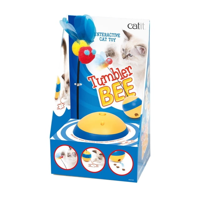 Catit Play Spinning Bee Cat Toy, a yellow and blue plastic interactive ball with a replaceable bee accessory that spins and emits class 2 laser beams, featuring a built-in treat compartment to dispense treats during play.