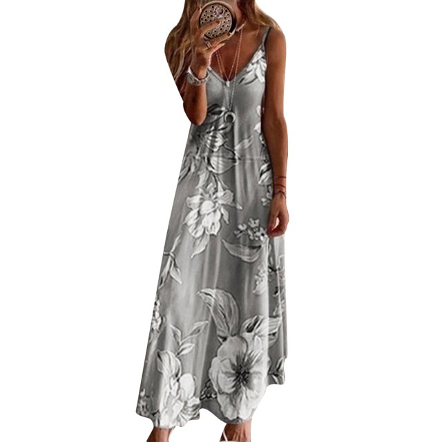 Bellella Robe d'Été Évasée Sans Manches à Bretelles Col en V Longue Robe Maxi Sexy Imprimé Floral Quotidien Gris m