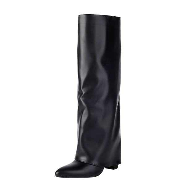Knee High Fold over Boots for Women Winter Fall Leather Pointed