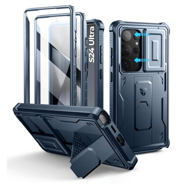 Dexnor for Samsung Galaxy S24 Ultra Case in blue, designed for outdoor adventures with a built-in slide camera cover, screen protector, and kickstand. This rugged, shockproof full-body bumper case offers military-grade protection, dust-proof features, precise cutouts, and supports wireless charging. Includes raised edges for screen safety and a versatile kickstand that doubles as a ring holder.