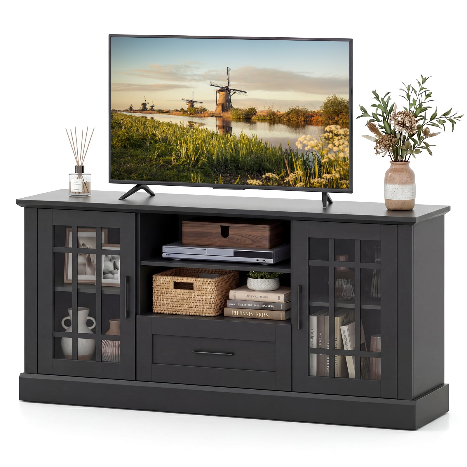 Gymax Meuble TV de style ferme pour téléviseurs jusqu'à 70 po Centre de divertissement avec cabinet de rangement et portes en verre