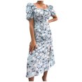 thumbnail image 2 of Jusqu'à 65 % de Rabais! Robes d'Été Mode pour Femmes 2024 Grande Taille Décontractées Aguichant à Encolure Carrée à Manches Bouffantes Robe Fendue à Fleurs pour Style Vacances Robe à Manches Courtes à Encolure en V, 2 of 6