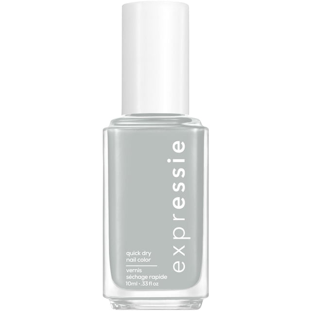 essie expressie quick-dry nail polish in light gray with cream finish, in a clear rectangular glass bottle with white cap and vertical white branding text, 10ml (.33 fl oz) fast-drying nail color ideal for quick application and drying, also suitable for on-the-go touch-ups