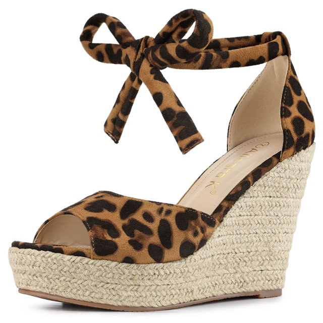 BLISSFUL STEP Sandales Espadrilles pour Femmes à Lacets avec Bride à la Cheville Léopard (Taille 8,5)