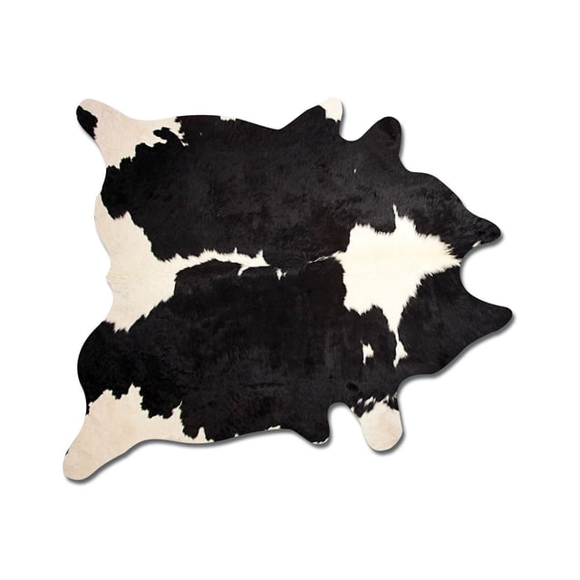 H-Natural Kobe Cowhide 6'X7' Rug with natural black and white cowhide pattern, soft low pile texture, and irregular organic shape, displayed flat on a white background. Durable and stain-resistant, suitable for high-traffic indoor areas and adding warmth to home décor.