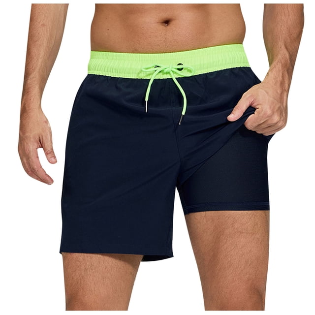 hotojiny 2 in 1 Workout Shorts for Men Fashion Color Block Stretch Gym Short Pants Breathable Drawstring Running Athletic Shorts