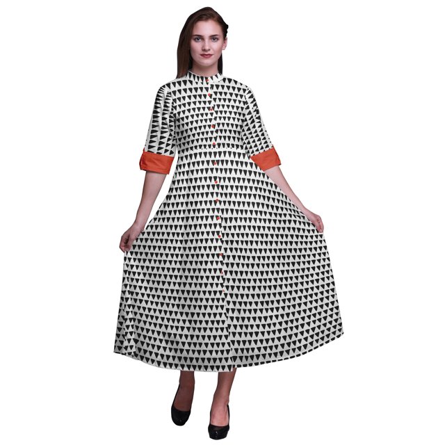 Bimba Robe-Chemise Mi-Mollet pour Femmes à Manches Retroussables à Imprimé Géométrique Boutonnée - Petit