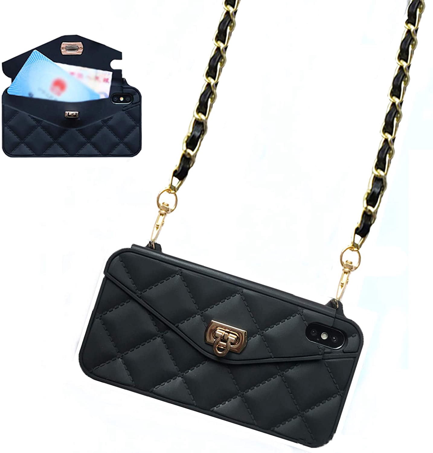 Wallet Case Compatible with iPhone, Pretty Luxury Bag Design, Purse Flip Card Pouch Cover Soft Silicone Case with Hand Holder Long Shoulder Strap(Black,iPhone XS max)