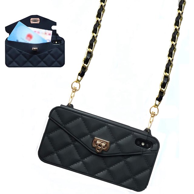 Wallet Case Compatible with iPhone, Pretty Luxury Bag Design, Purse Flip Card Pouch Cover Soft Silicone Case with Hand Holder Long Shoulder Strap(Black,iPhone 12 mini)