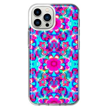 MUNDAZE Apple iPhone 13 Pro Max Pink Blue Vintage Hippie Tie Dye Flowers Shockproof Clear Hybrid Protective Phone Case Cover