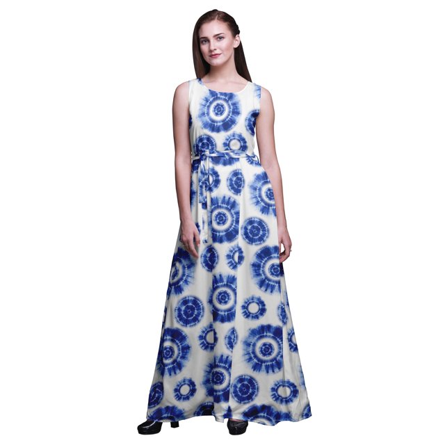 Bimba Robe Longue Maxi Teinture sur Nœuds pour Femme à Col Rond Imprimée pour Fête - Medium