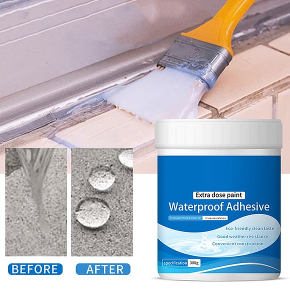 Waterproof Sealant Coating Glue with Paint Brush, Transparent, 300 mL, Leakproof Waterproofing for Tile, Concrete, Wood, Metal, PVC