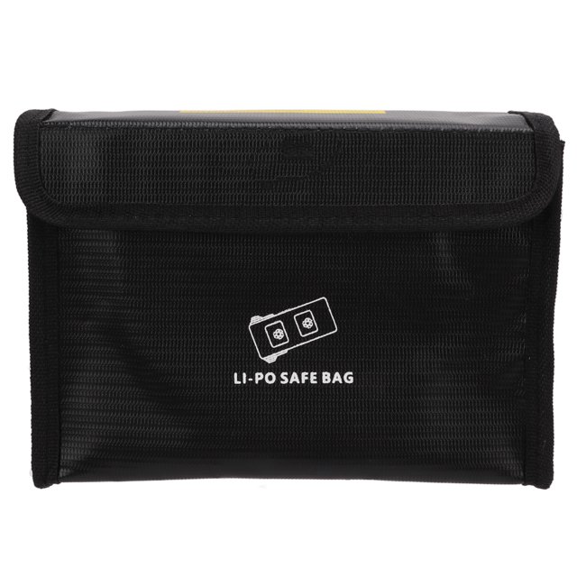 Lipo Battery Safe Bag, a black fireproof and explosion-proof storage bag made of flame retardant fiber, ideal for organizing and safely transporting up to three drone batteries. Features a hook and loop closure for secure sealing, protection against dust, and compact portability.