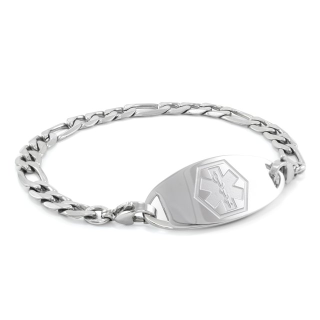 MedicEngraved Bracelet à Maillons Figaro 7 mm en Acier Inoxydable 316L pour Chirurgie avec Étiquette Médicale Embossée - Gravure Médicale Incluse