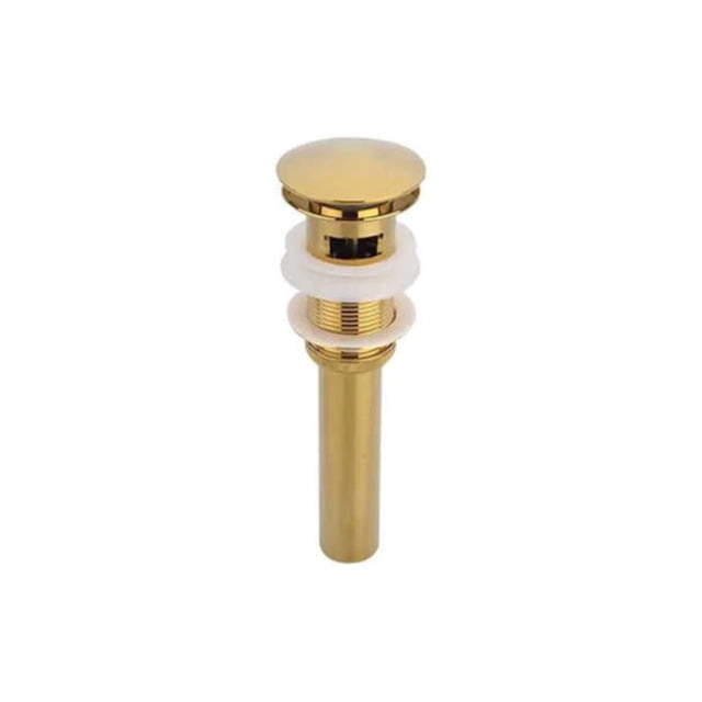 DROP Bath and Kitchen DR091046 Gold Pop-Up Bathroom Sink Drain with Overflow, brass construction with polished gold finish, round modern design, includes white sealing washers, 2.6 inches wide and 8.5 inches tall, ideal for bathroom sinks with overflow holes and suitable for DIY bathroom renovation.