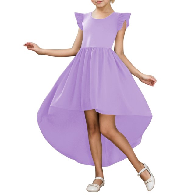 Robe Fille Enfants Enfant Filles Été Manches Charleston Asymétrique Robe Formelle Jupe Volantée Couleur Unie Robe Évasée Robes Bébé Violet 7 Ans-8 Ans