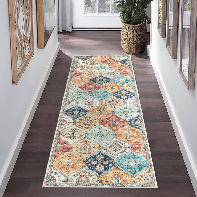 Hasoo 2' x 6' Runner Rug for Hallways Floral Washable Non Slip Kitchen Mat Indoor Orange Carpet