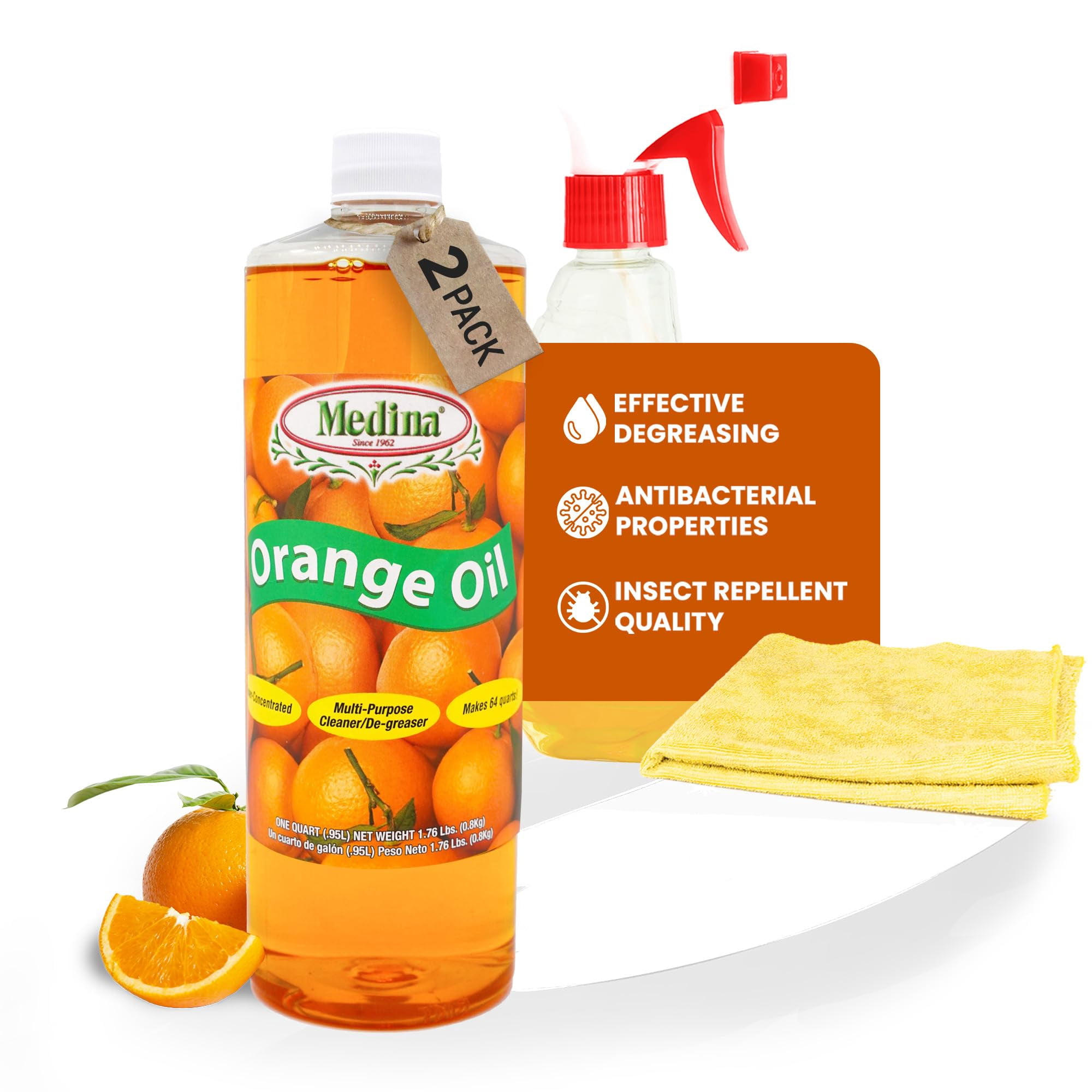 Medina Orange Oil Cleaner & Degreaser Concentrate - 32oz, 2-Pack - Orange Oil Concentrate - All Purpose Cleaner, Garden Pest Defe