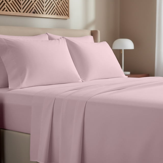California Design Den , 100 % Coton, Ensemble de Draps Double 4 Pcs - Rose