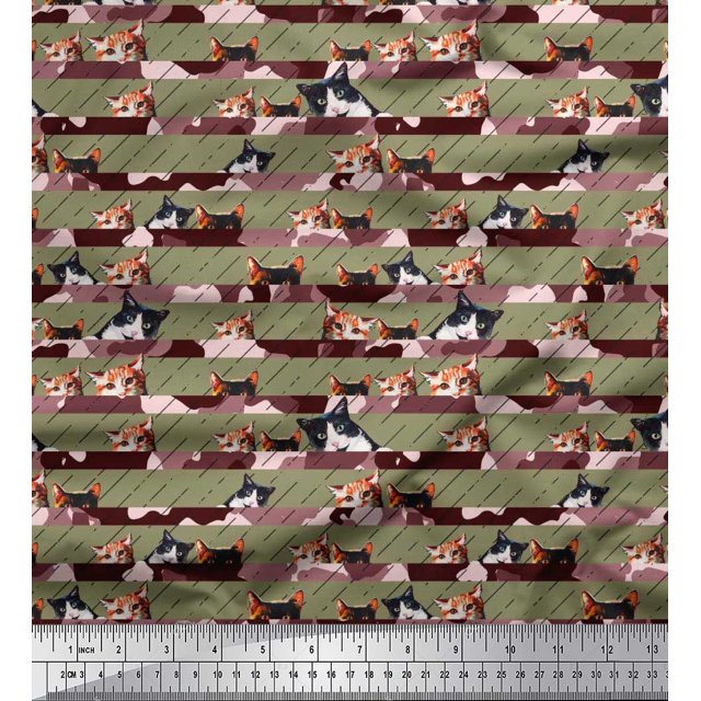 Soimoi Rayon Fabric Diagonal Stripe & Cat Face Animal Fabric Prints By Yard 56 Inch Wide